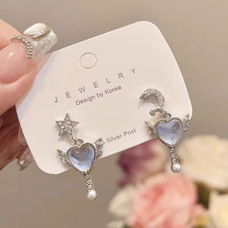 Iridescent heart Angel Wing ear studs Star Moon Asymmetrical ins water style Niche design high-end earrings details Picture