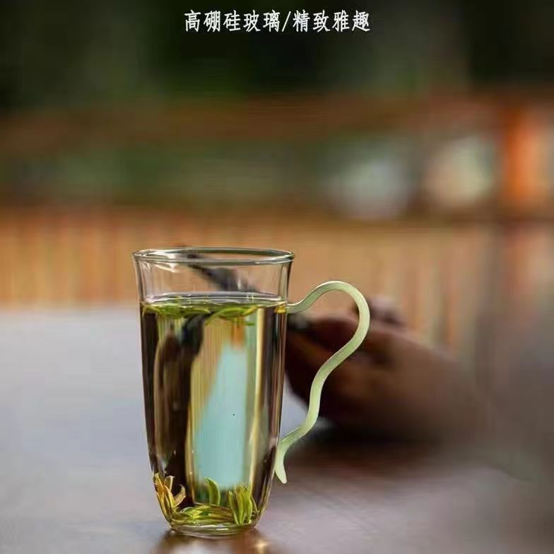 Colorful handle green tea cup, high borosilicate glass cup, household Gongfu tea set, juice cup, high appearance level, colorful handle green tea cup Application Scenario