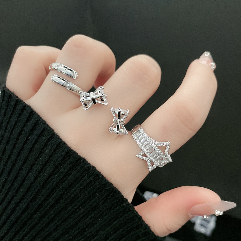 Star zircon full diamond light luxury exquisite niche open ring, sweet and cool female bow, elegant and high-end food ring full figure