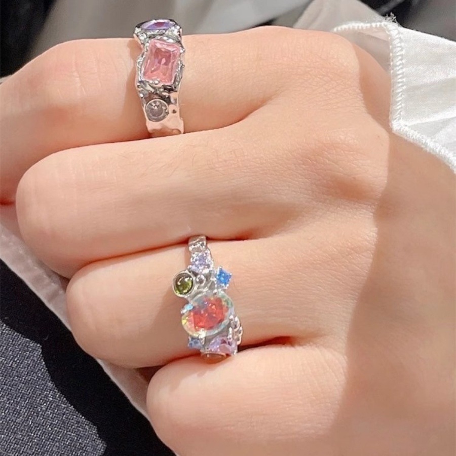 Hyuna style colored zircon ring for women, a niche Korean design with a high-end feel, ins colorful heart-shaped opening ring trend full figure