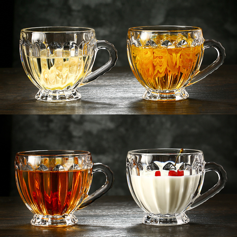 Home flower tea cup set: Thickened heat-resistant glass cups with handles, water cups, lead-free juice cups, milk cups, and tea brewing cups full figure