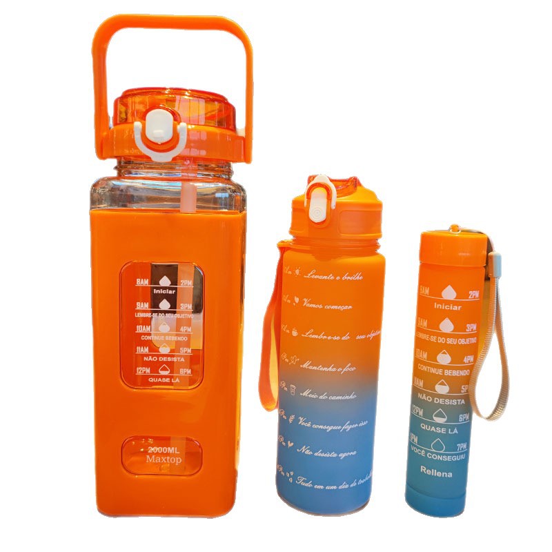 Wholesale large-capacity gradient color plastic cup three-piece set, portable outdoor sports water bottle set, square water cup Item Picture