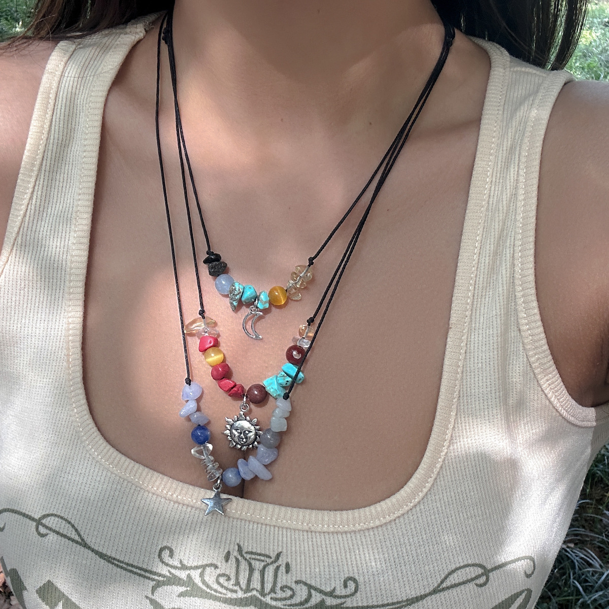 European and American cross-border jewelry: simple wax thread turquoise beaded necklaces, sweet and cool necklaces, gravel choker ladies' necklaces details Picture