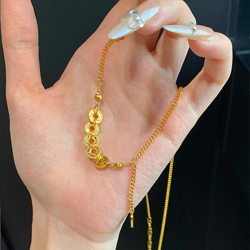 New Chinese-style crushed ice Five-Emperor Coin copper coin necklace, women's light luxury, niche design, fashionable collarbone chain neck chain full figure
