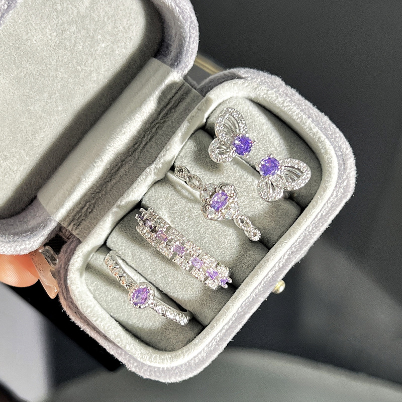 The unique and light luxury autumn and winter atmosphere: purple diamond butterfly geometric opening ring for women on Instagram, cold style, sweet and cool ring trend Application Scenario