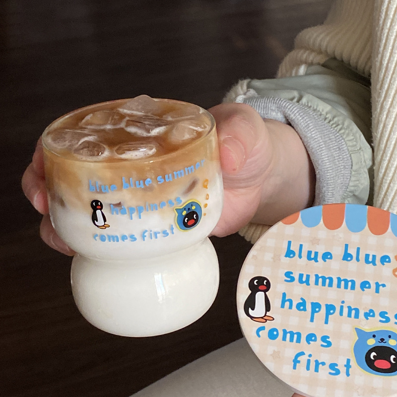 Homemade summer cute penguin Queer glass cup, niche Instagram simple tall borosilicate water cup, heat-resistant full figure