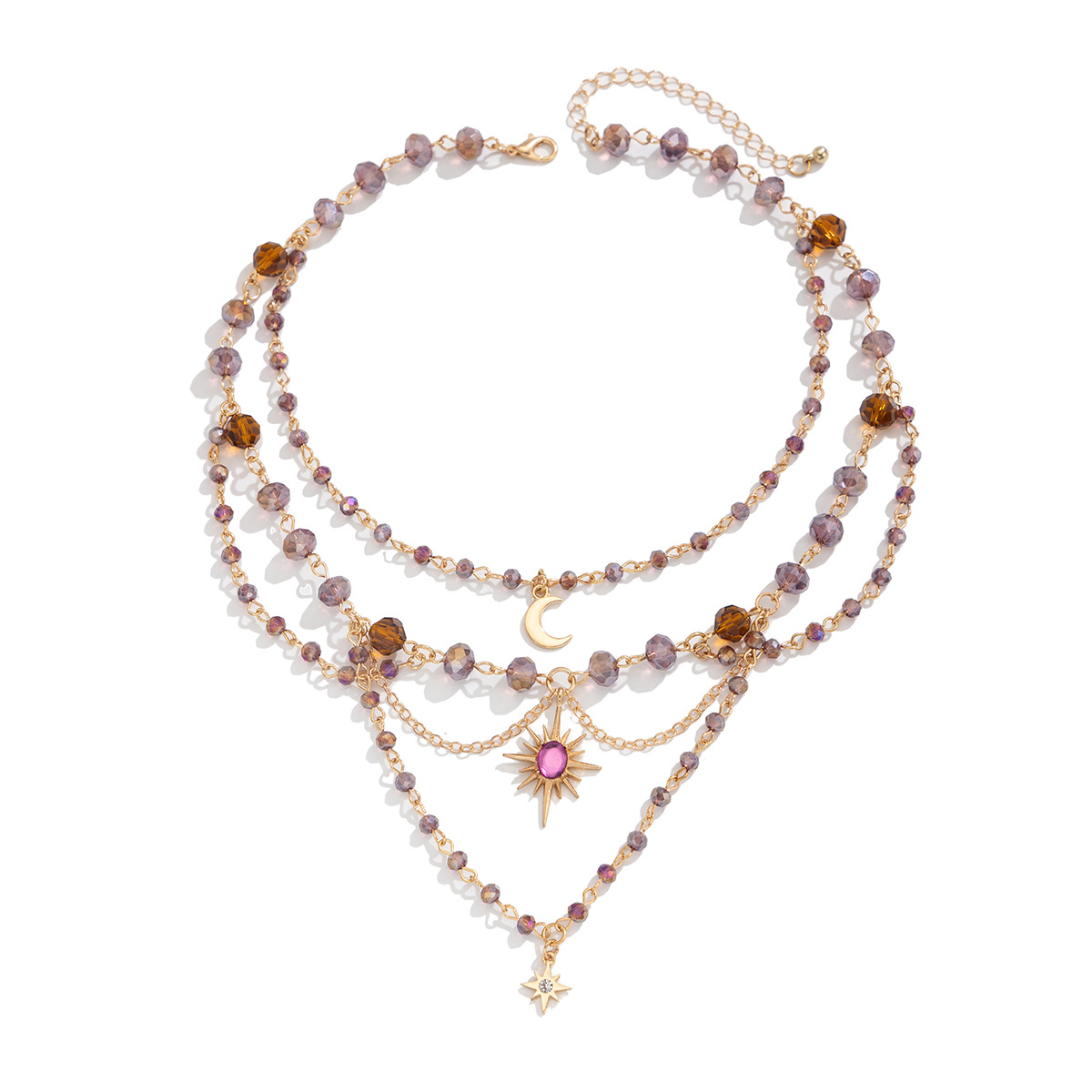 European and American cross-border jewelry, sweet style moon tassel pendant necklace, fresh and clean crystal beaded collarbone chain, multiple layers Item Picture