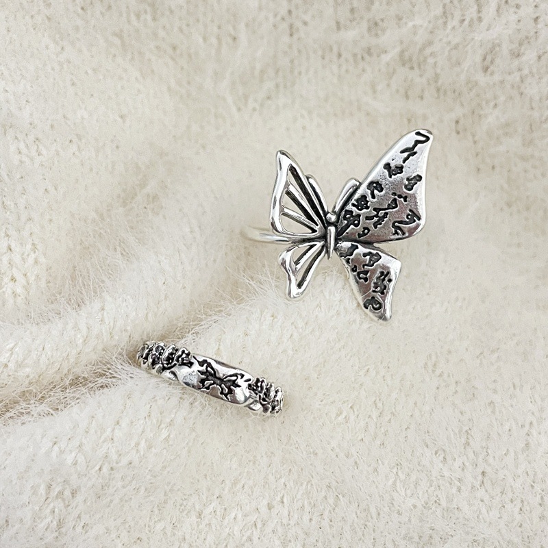 Retro distressed butterfly opening ring, androgynous punk style, fashionable and individual index finger ring, versatile and niche accessory Specification drawing