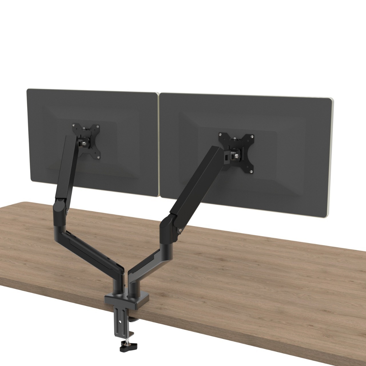 The perforation-free gas spring freely suspended mechanical swing arm bracket is suitable for 13-32 inch dual-screen display hangers Application Scenario