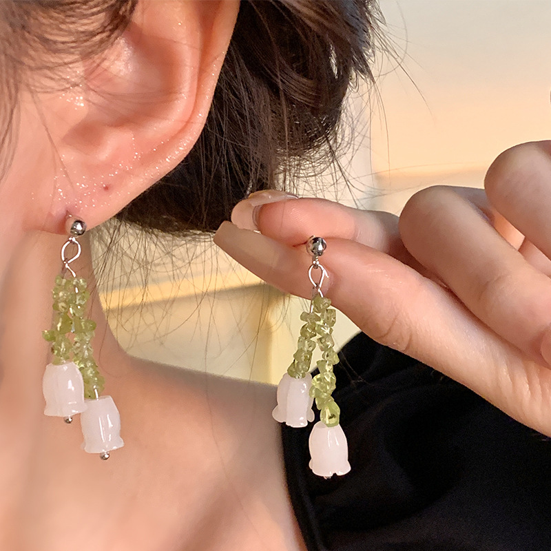 S925 Silver Needle Fresh and delicate Lily of the Valley Earrings, women's summer new style green tassel stud earrings, high-end earrings wholesale details Picture