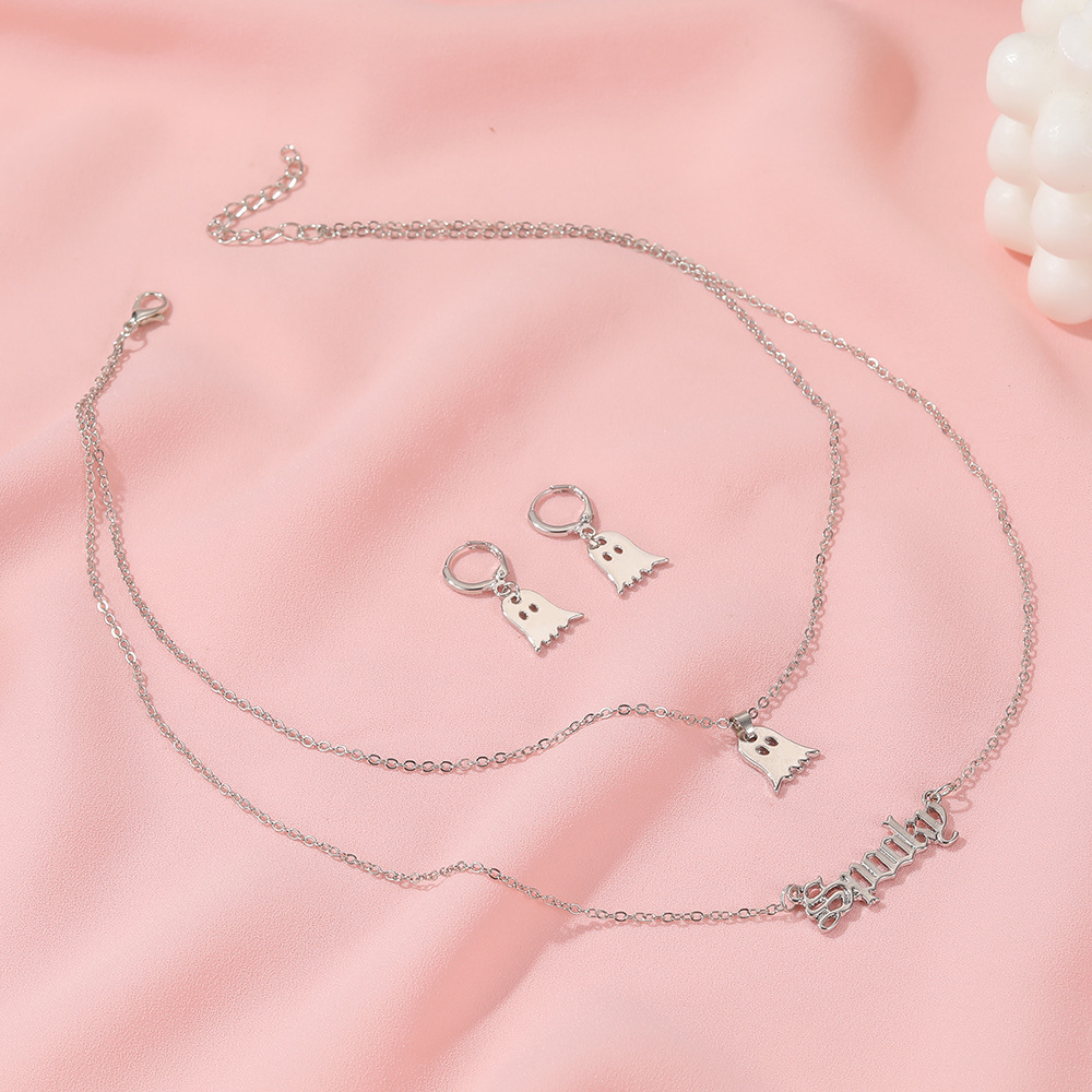New European and American set: Simple and fun double-layer letter Little ghost necklace, funny little elf earrings, Halloween accessories Application Scenario