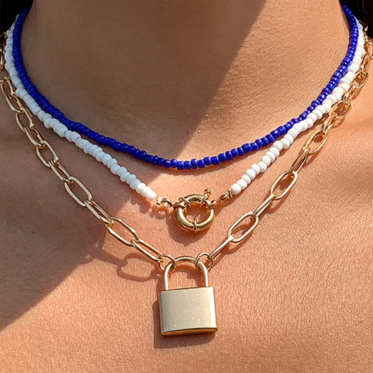 Simple and retro lock-shaped set, tassel necklace, women's European and American cross-border accessories, punk beaded rice beads, geometric necklace details Picture