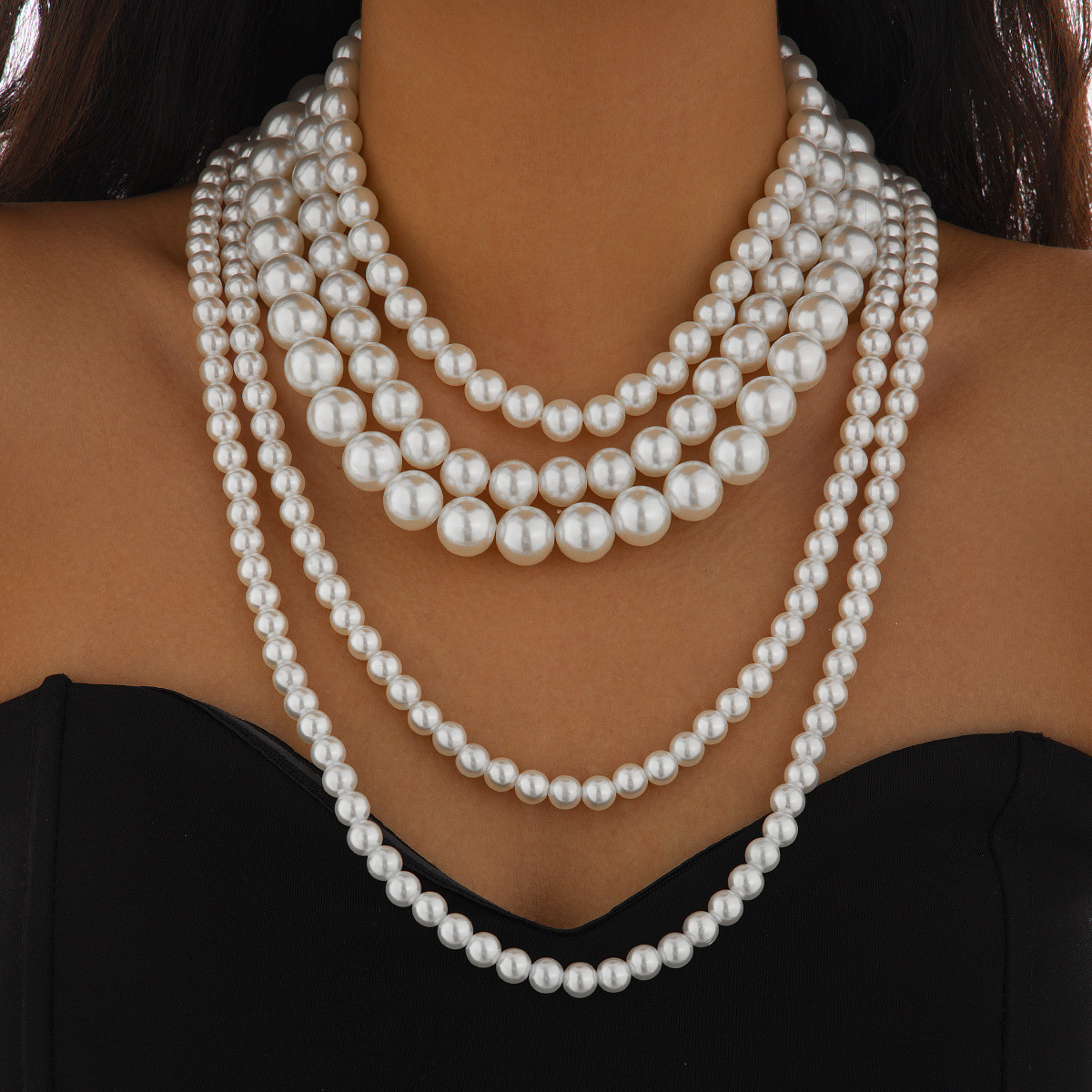 European and American cross-border jewelry, personalized multi-layer pearl imitation choker, Baroque exaggerated long collarbone chain for women details Picture