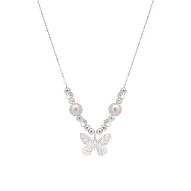 Pearl metal butterfly pendant necklace for women, a unique French retro style, simple and versatile, elegant neckchain and collarbone chain Item Picture