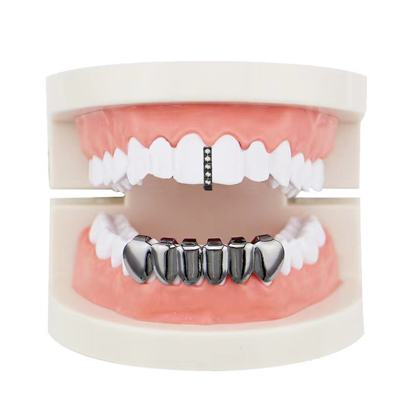 New hiphop glossy single zirconia set, European and American hip-hop braces, decorative glossy set, Vampire gold braces Specification drawing