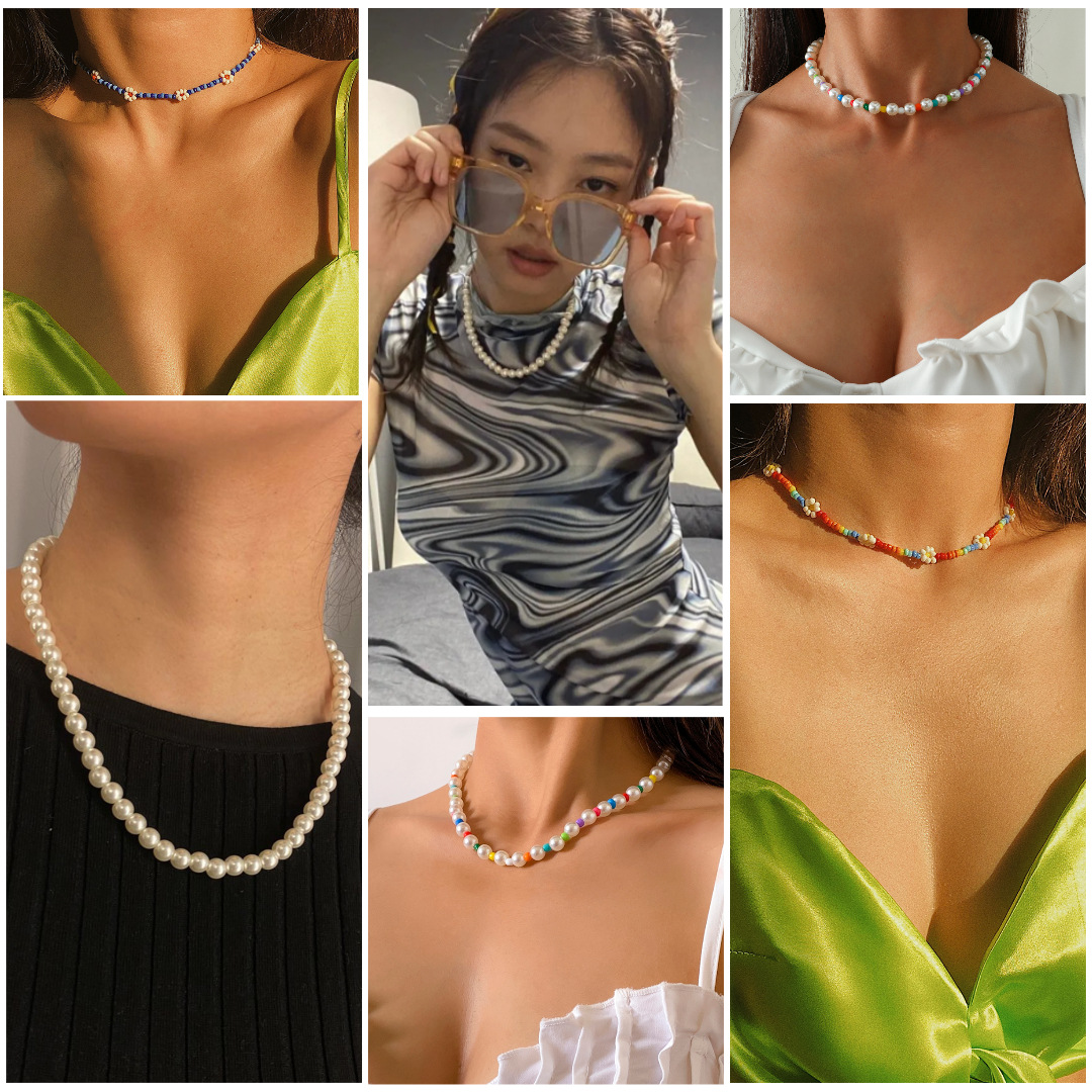 European and American cross-border jewelry, vacation style, rice bead woven fresh and simple collarbone chain, simple round bead chain, small Daisy necklace Specification drawing