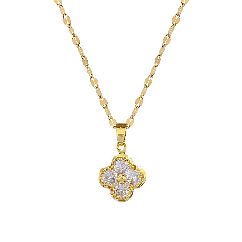 【 Titanium Steel 】 Four-leaf Flower Necklace Earring set, light luxury, micro-inlay, personalized and elegant banquet earrings and Necklaces combination Item Picture