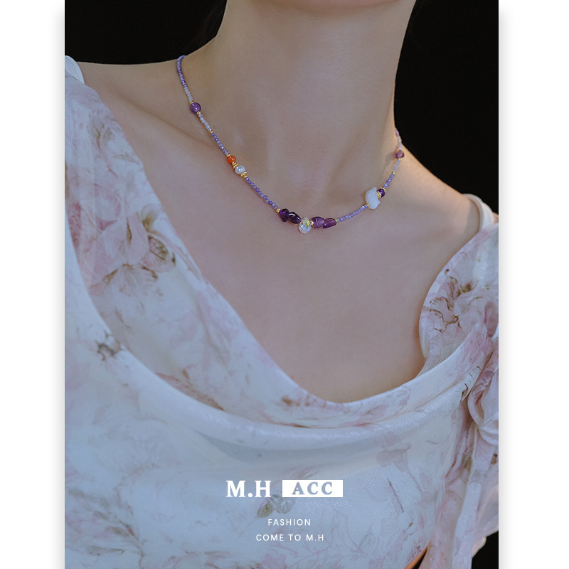 Spring and Summer new collection: Sea Shell amethyst beaded Necklace for women, 2025 new style, niche, retro and fresh collarbone necklace details Picture
