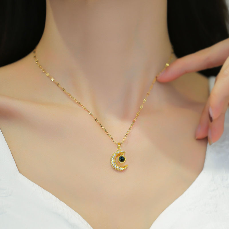 【 Titanium Steel 】 One Hundred Languages I Love You Necklace, Female Moon projection, Internet celebrity, Versatile collarbone chain, Titanium steel chain details Picture