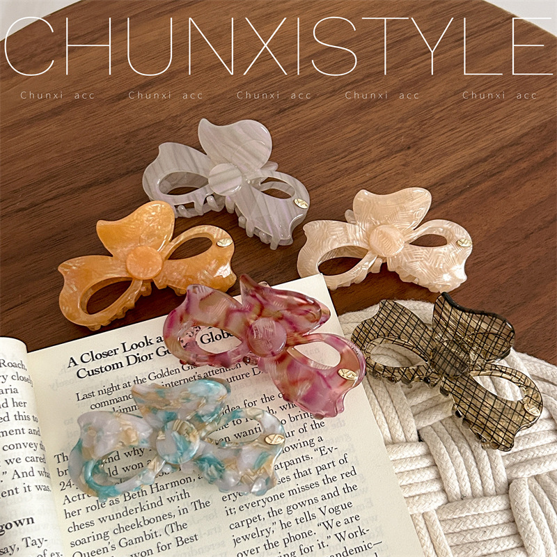 A new style of Korean-style round buckle acetate bow clip, sweet hairpin texture, floral print, versatile shark clip, updo hair accessory Specification drawing
