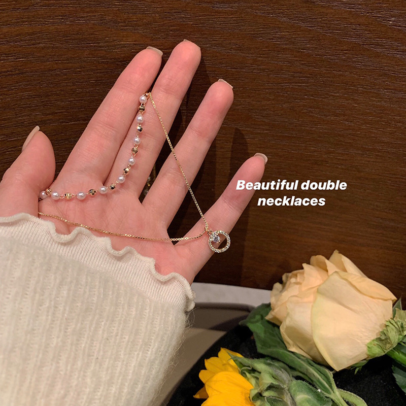 Zircon slightly inlaid double-layer pearl necklace for women, Korean light luxury niche design sense, versatile and elegant, chanel-style collarbone chain full figure