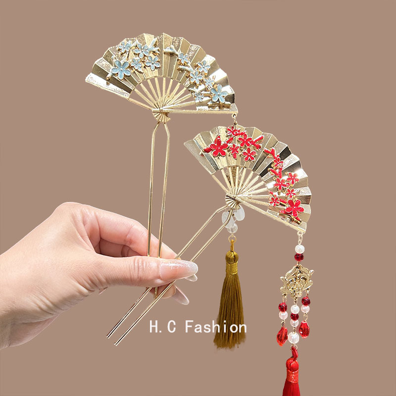 New Chinese-style fan-shaped tassel hairpins for women, a niche and high-end U-shaped hairpin, a cheongsam ancient-style hairpin accessory full figure