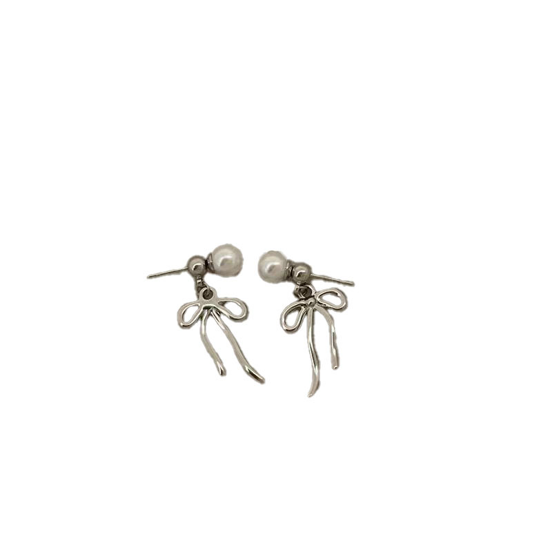 "Ballet atmosphere" Pearl bow tassel Korean-style earrings, mosquito niche sweet and elegant, round face stud earrings Item Picture