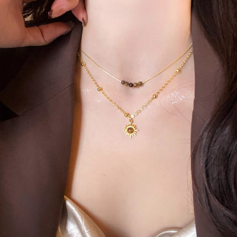 Yadan-style sunflower tiger's eye stone layered necklace accessory for women's autumn and winter retro light luxury sweater chain necklace Specification drawing