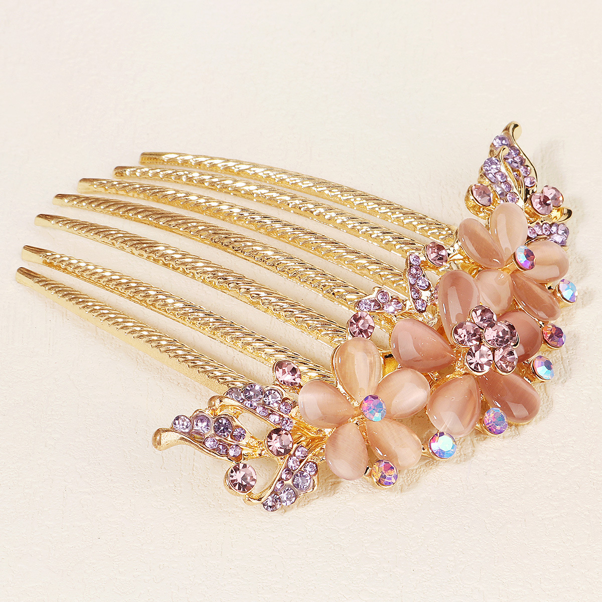 New European and American party accessories, hair accessories, alloy sunflower hair comb, cat's eye stone water diamond seven-toothed bridal bun hair comb full figure