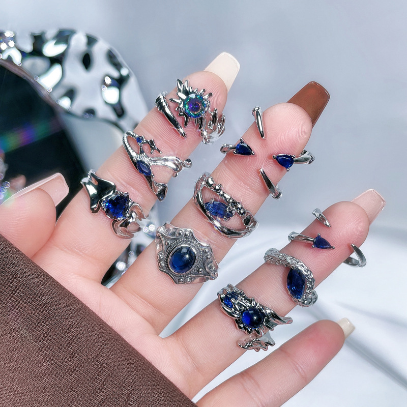 Retro blue zircon fashion versatile open ring, ins cold style, individual, niche, high-end, light luxury ring full figure