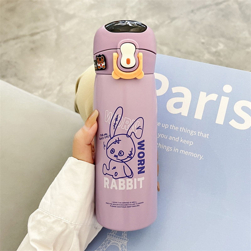Smart temperature-displaying stainless steel insulated cup for children and students, 2024 new style cartoon cute portable straw cup Specification drawing