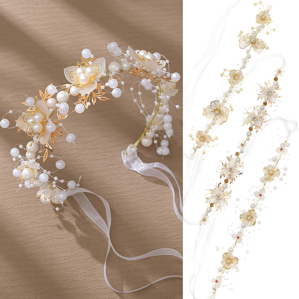 New Chinese-style Xiuhe ancient-style hair accessories, pure handcrafted children's headband, forest-themed acrylic flower pearl braided hair band full figure
