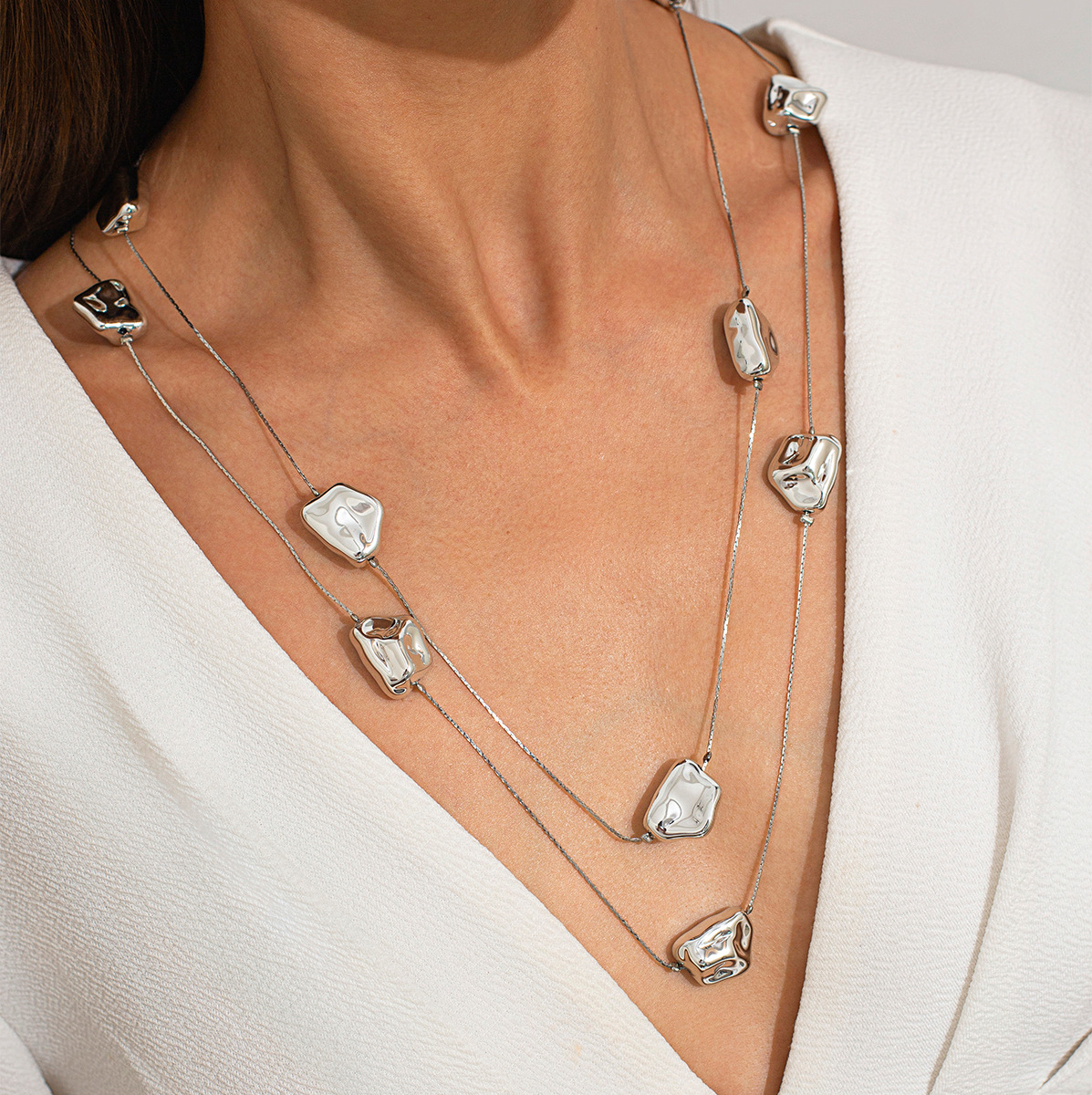 European and American cross-border jewelry fashion multi-layer necklace set of 2 pieces irregular CCB gold wire chain necklace Specification drawing