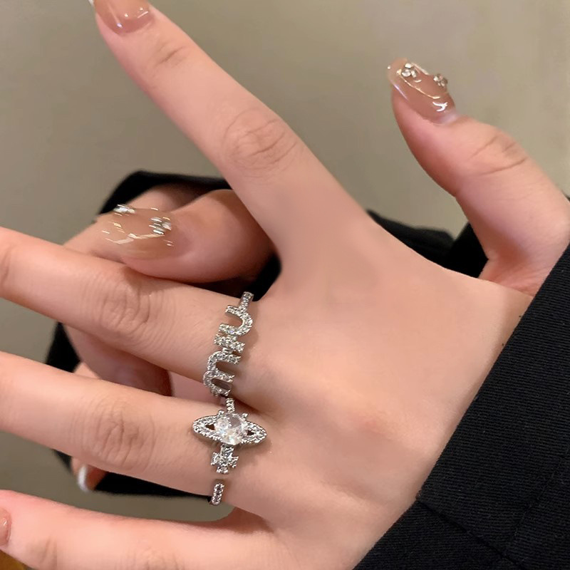 The Saturn Zircon open ring of the Empress Dowager of the West, a light luxury and high-end women's niche index finger ring, a fashionable and individual temperament ring details Picture