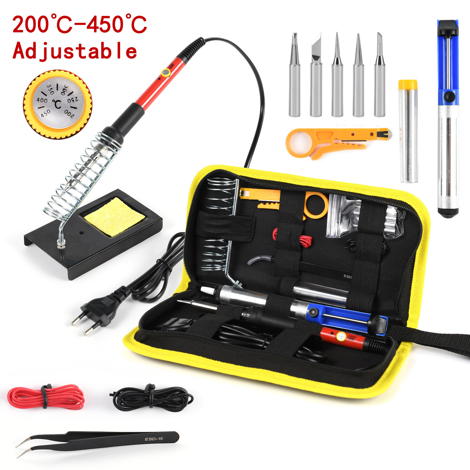 Adjustable temperature soldering iron soldering tool kit 15-piece set, British and American standard 908 60W Rockiron soldering pen Specification drawing