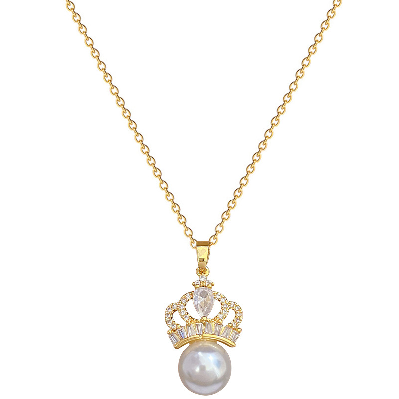 【 Titanium Steel 】 Necklace and earring set, light luxury Full diamond pearl crown, personalized and elegant banquet earrings and necklace set Item Picture