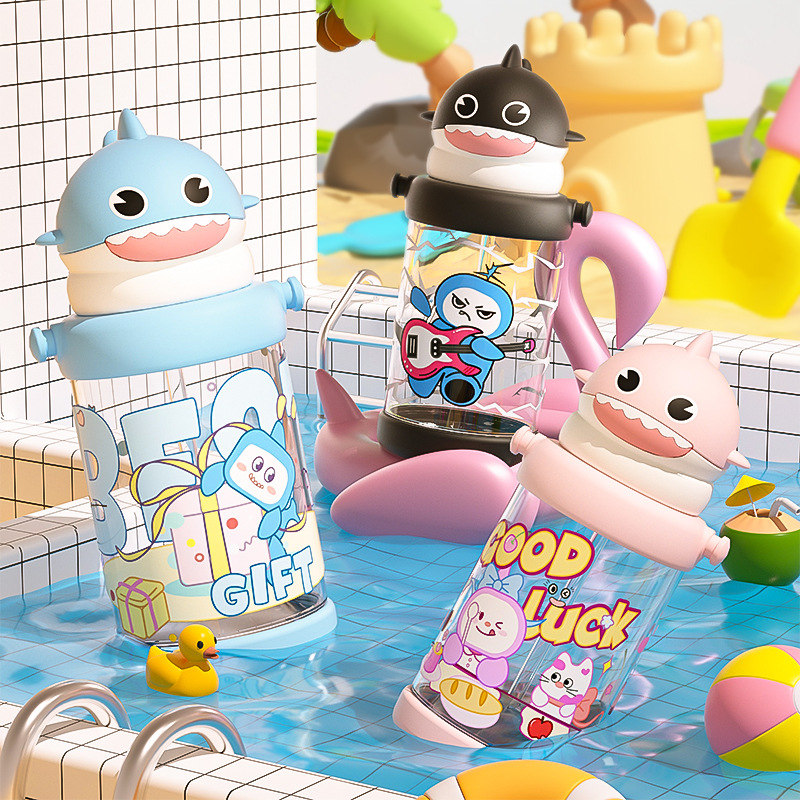 High-appearancy-level summer internet-famous plastic cup, cartoon children's outdoor portable and cute water cup with shoulder strap, little shark water cup full figure