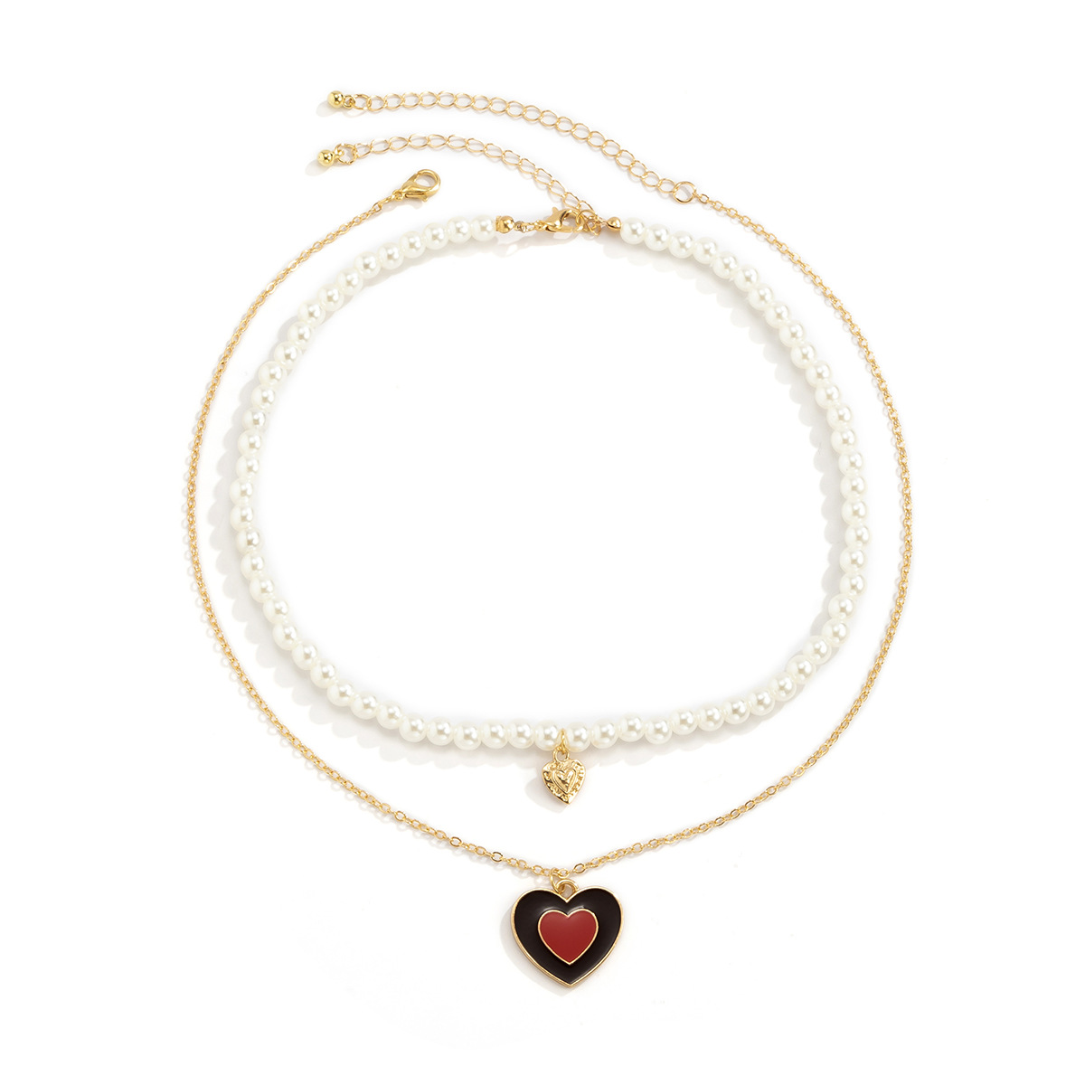 Hip-hop sweet and cool geometric oil-dripping heart necklace, retro imitation pearl set, beaded necklace, European and American cross-border jewelry Item Picture