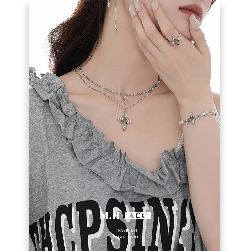 Original flowing four-pointed star double-layered necklace for women, a light luxury and high-end look, fashionable and versatile, exquisite and individual collarbone chain Specification drawing