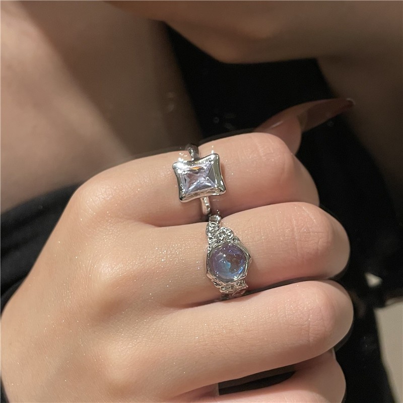 A niche design moonstone square zircon open ring for women's ins, a cold and luxurious ring accessory full figure