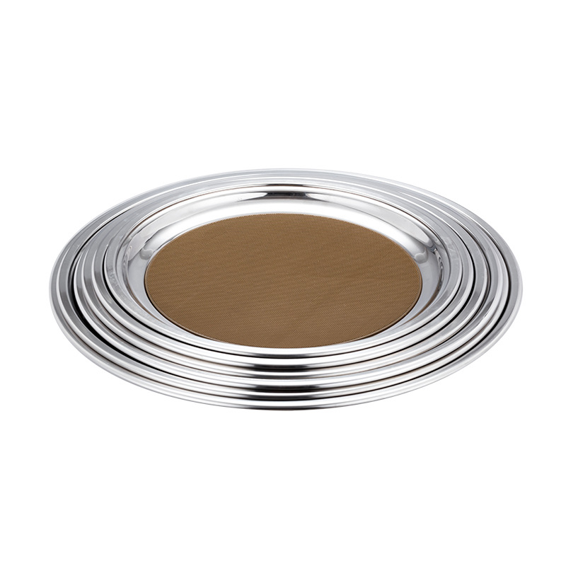 Stainless steel circular mirror plate hotel restaurant tray, tea plate, fruit salad shiny plate, can be equipped with anti-slip pad Item Picture