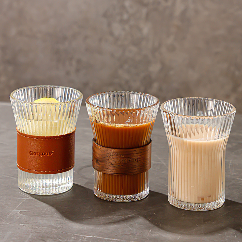 Household high-appearance-level coffee cups, transparent heat-insulating glass cups, office vertical pattern water cups, Japanese-style cups with cup sleeves Application Scenario