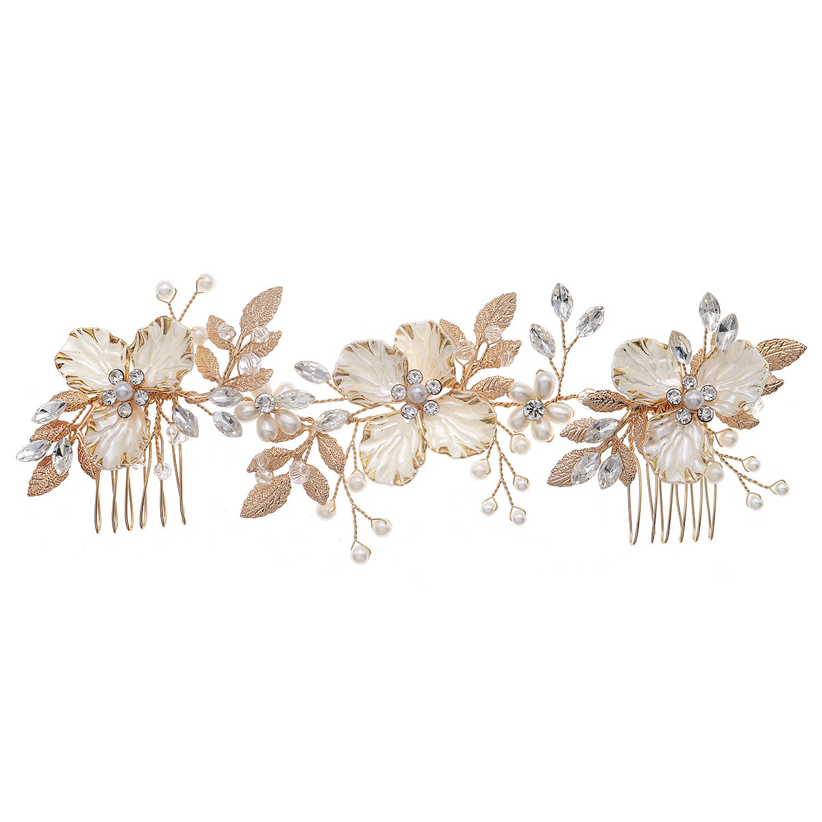 European and American bride accessories, hand-combed wedding dress style, Xiuhe headwear, golden grand water diamond pearl pair comb, hair comb Item Picture