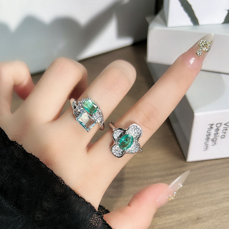 Cross-border Heavy Industry Green and blue ice-transparent Double Zircon small cube Sugar Exquisite Open ring Women's light luxury high-end retro ring full figure
