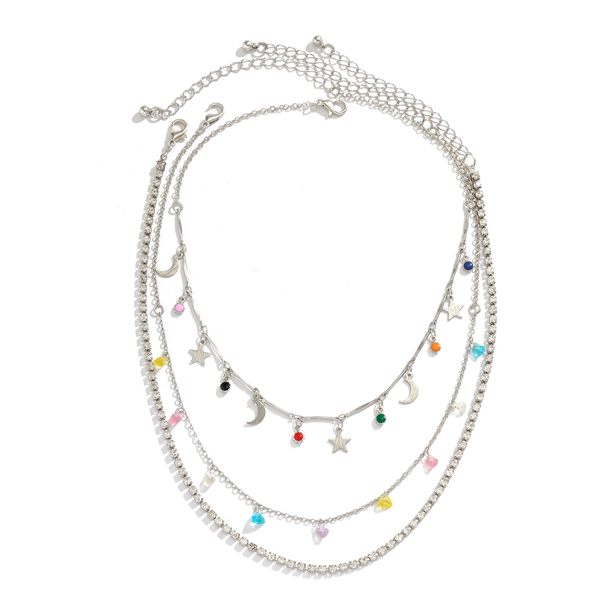 European and American cross-border jewelry, simple layering fine chain star and moon necklace, colorful crushed stone ethnic pendant tassel necklace Item Picture