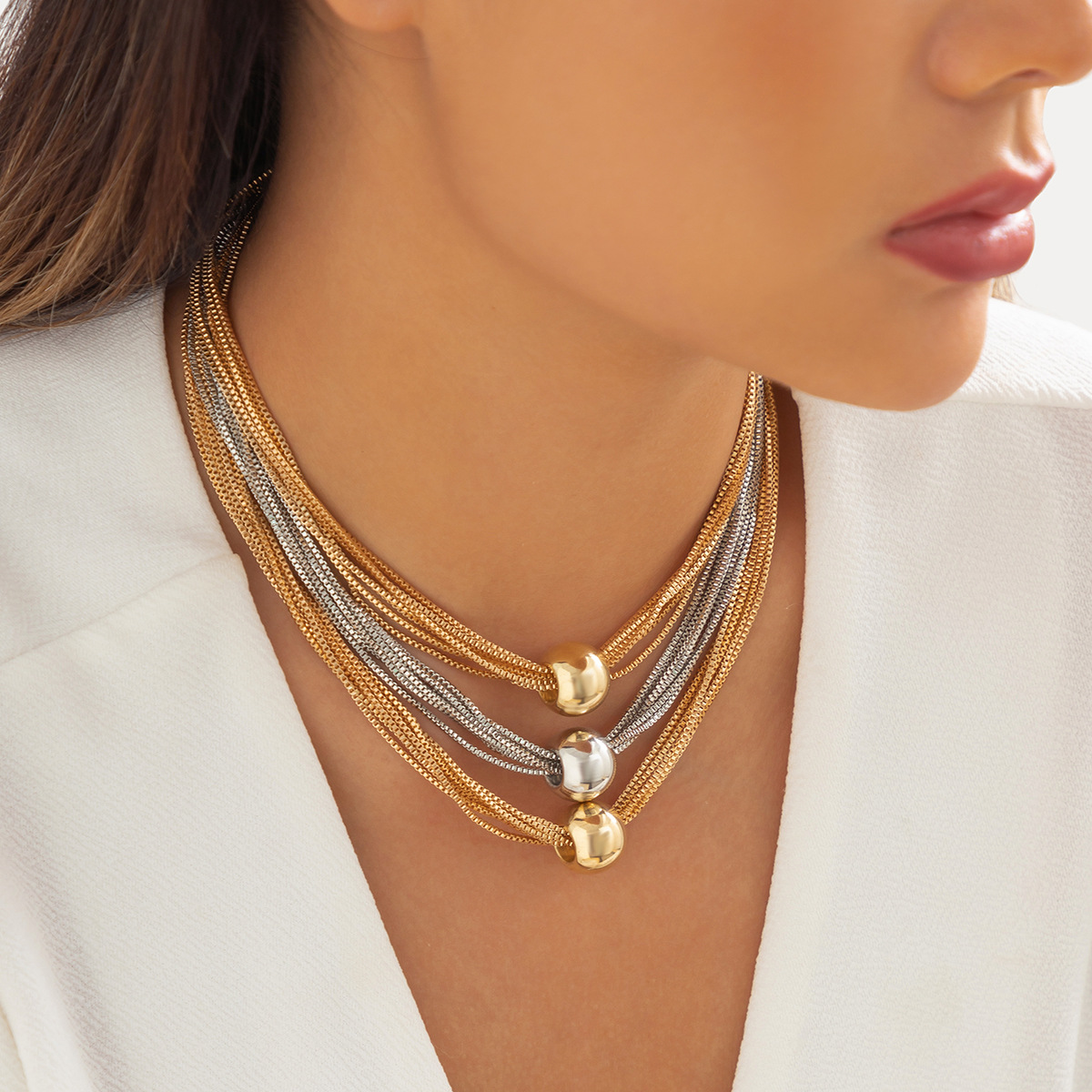 Cross-border exaggerated punk multi-layer chain layering necklace, simple and niche geometric round ball personalized necklace choker details Picture