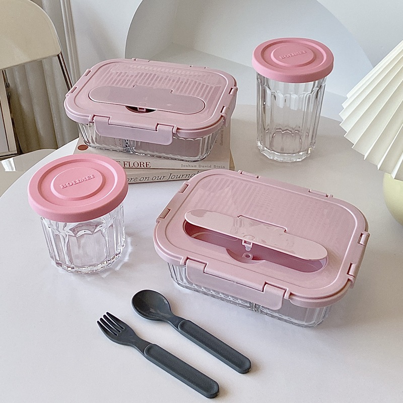 Boli Mei 2023 Korean Glass Lunch Box Set, fresh-keeping lunch box, fresh-keeping bowl, Microwave oven, student lunch box full figure