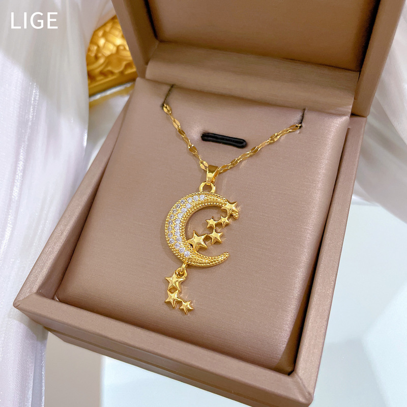 【 Titanium Steel 】 Moon and star tassels, light luxury and elegant, full diamond necklace, versatile for women, collarbone chain, titanium steel chain Specification drawing