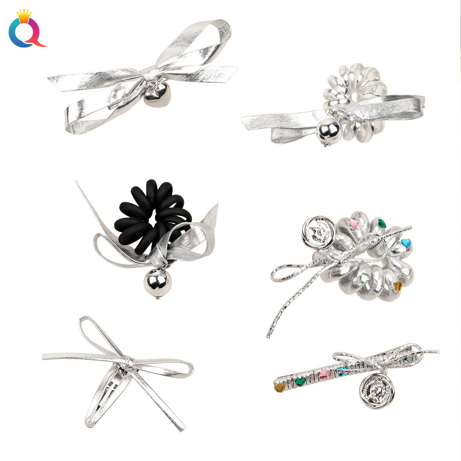 The Qiyue InS-style silver leather bow hair clip exudes a unique and high-end charm. It features a side fringe hair band and hair accessory Item Picture