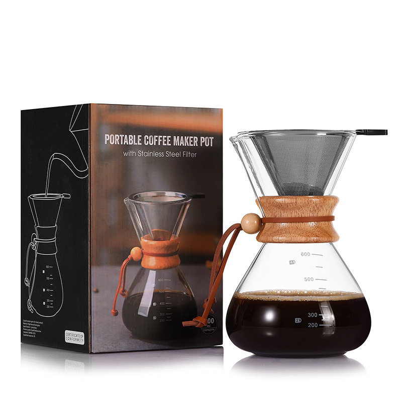 Wholesale hand-brewed coffee POTS, high borosilicate glass sharing POTS with stainless steel filter cups, drip cold-brewed coffee utensils Item Picture